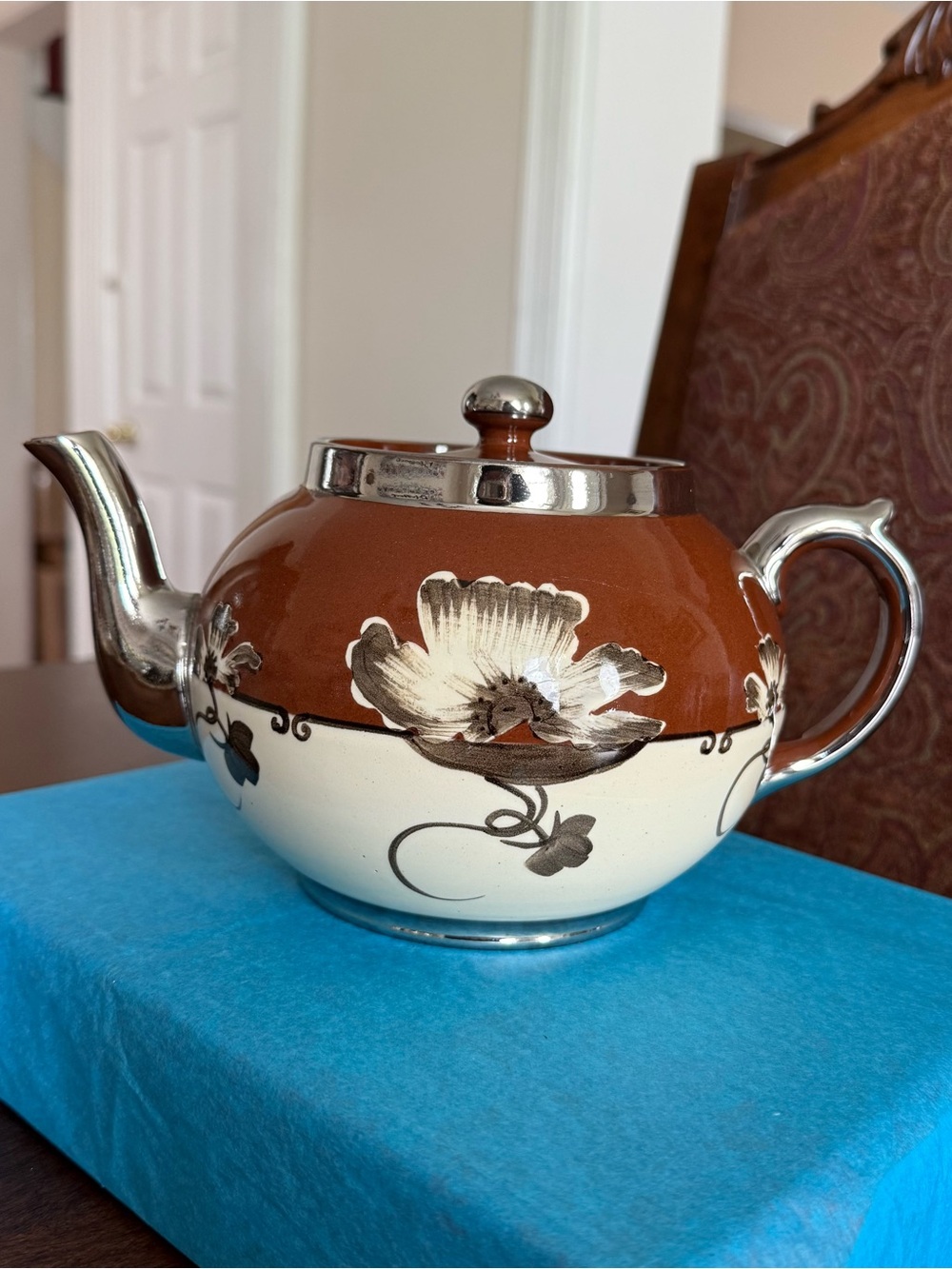 Vintage Gibson & Sons Teapot Brown & Cream Silver Trim Poppy Design England*READ